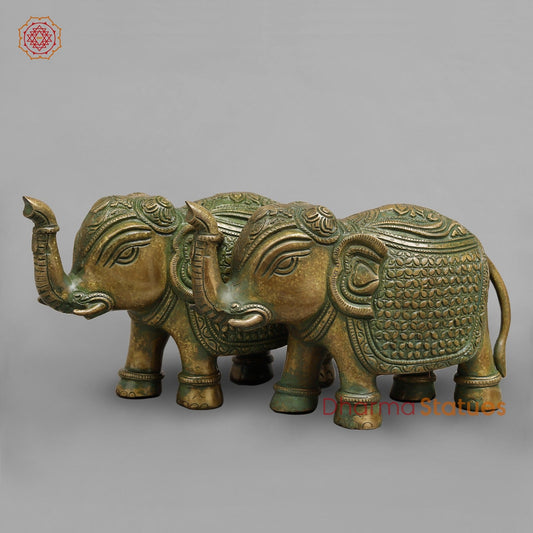 Brass Elephants Flower Carving, Patina Finish 9” (Pair)