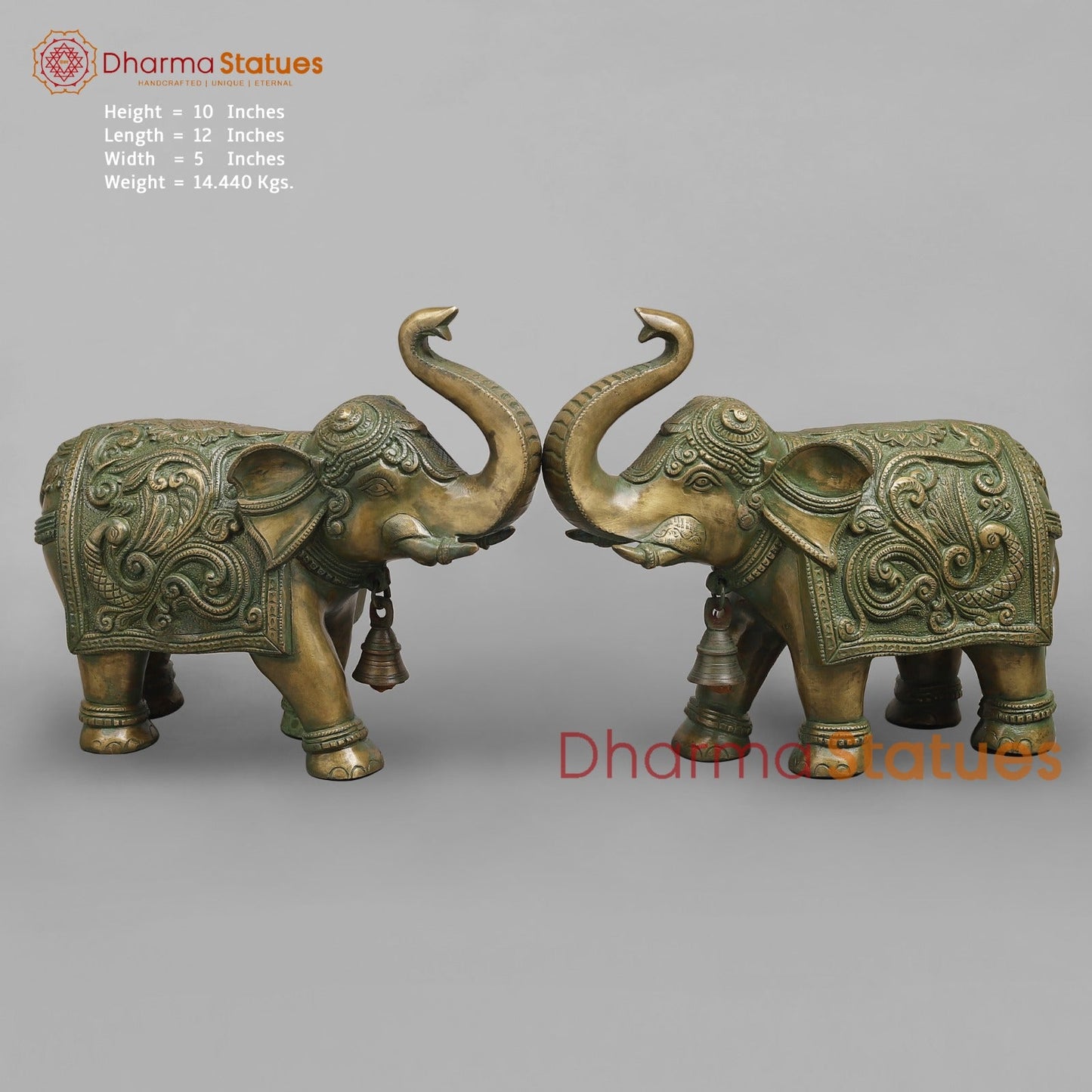 Brass Elephants Pair Peacock carving Fine, Patina Finish 12”
