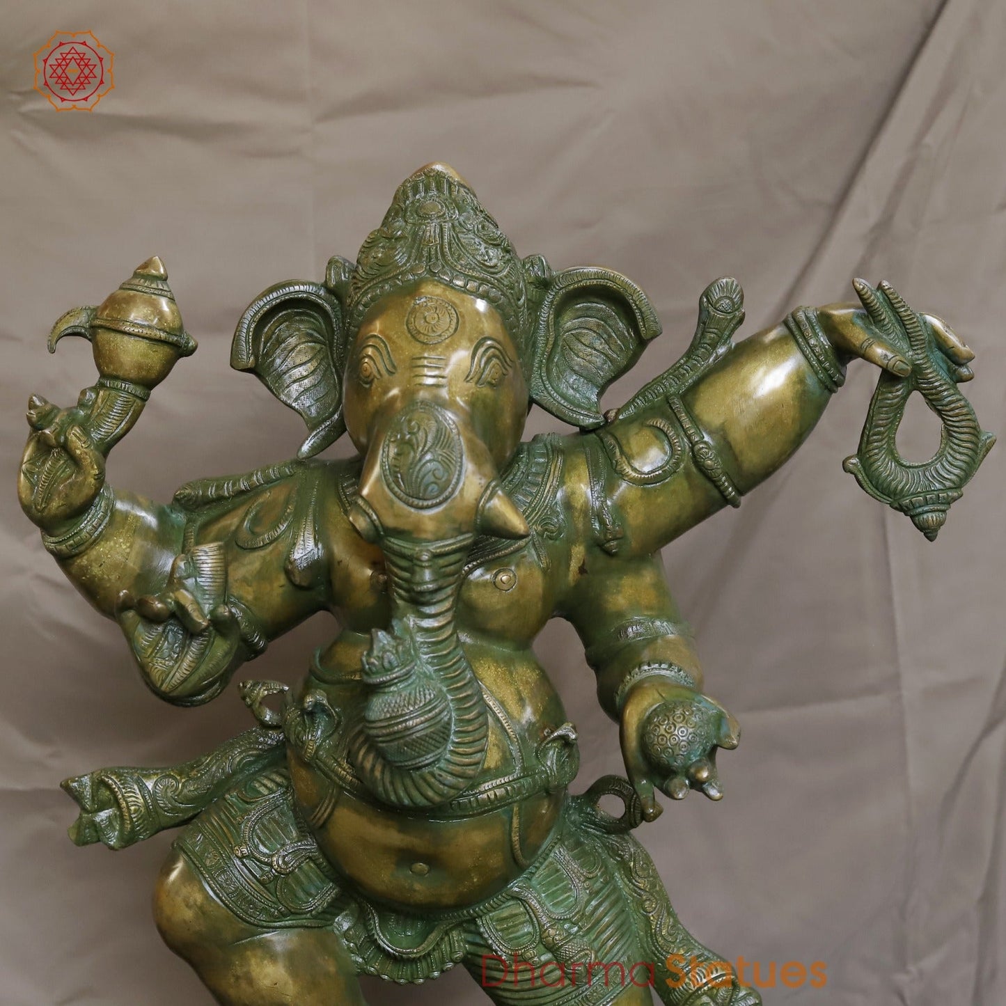 Brass Dancing Ganesh With Devotees Fine, Patina Ganesh 40”