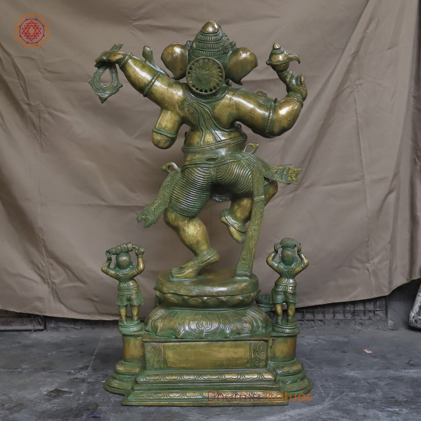 Brass Dancing Ganesh With Devotees Fine, Patina Ganesh 40”
