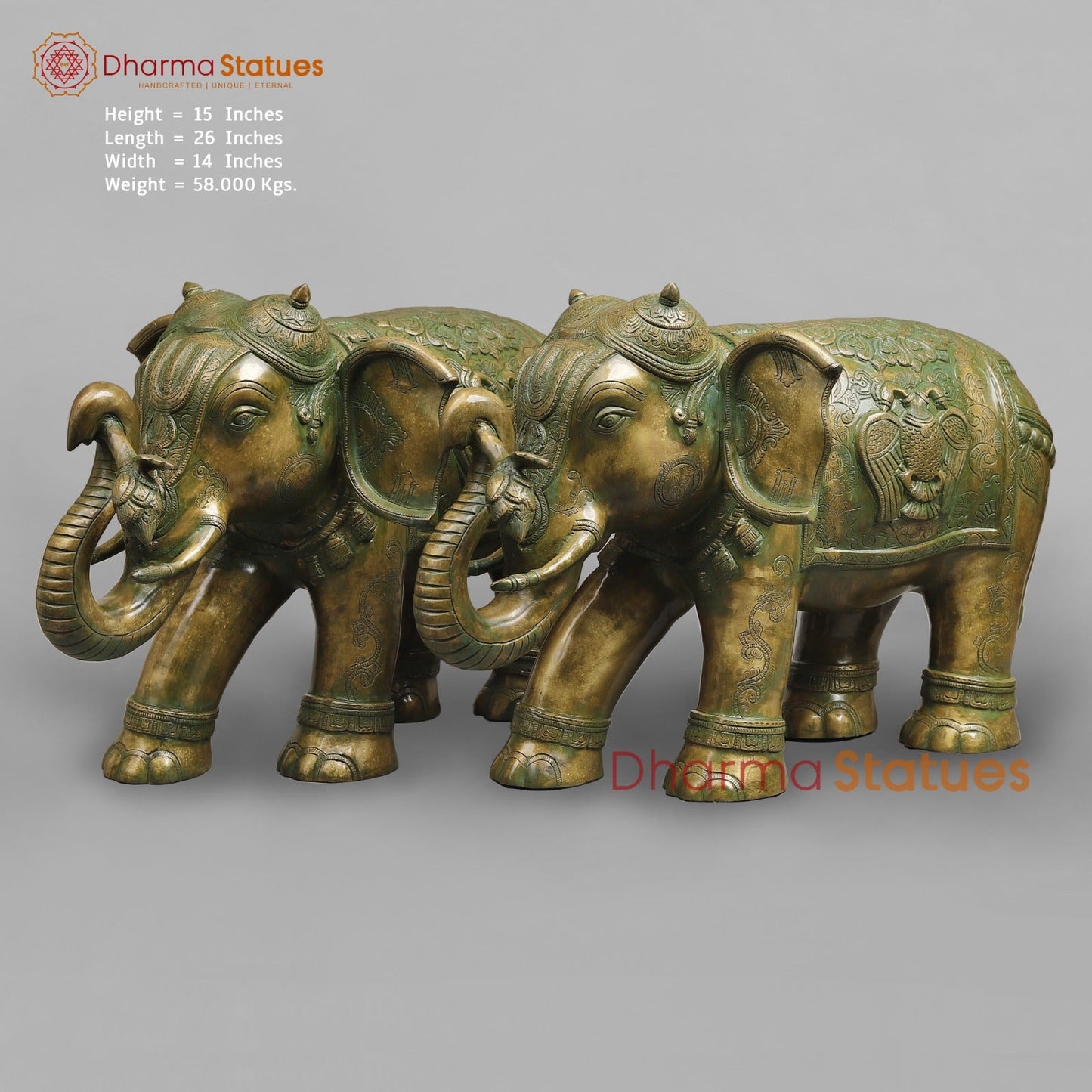 Brass South Indian Elephants Holding Lotus fine, Patina Finish 26”