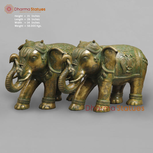 Brass South Indian Elephants Holding Lotus fine, Patina Finish 26”