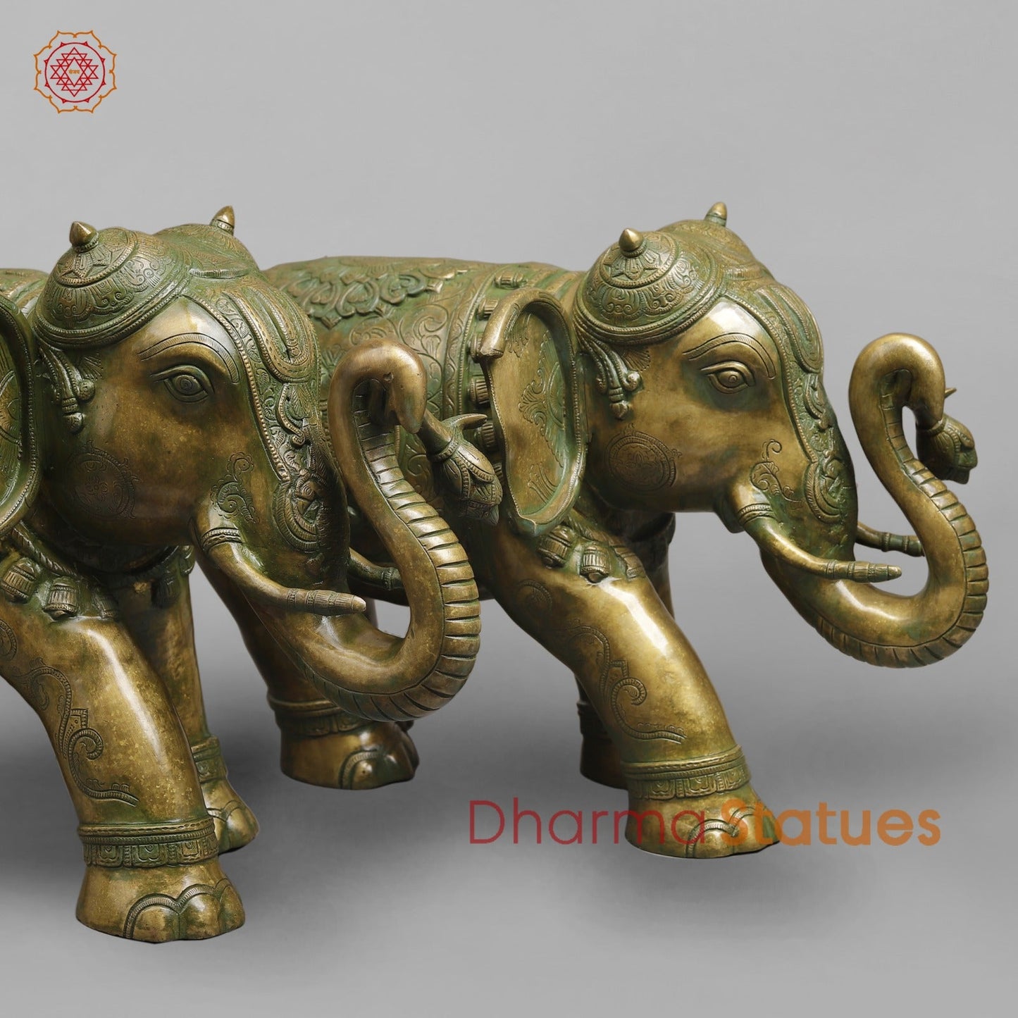 Brass South Indian Elephants Holding Lotus fine, Patina Finish 26”