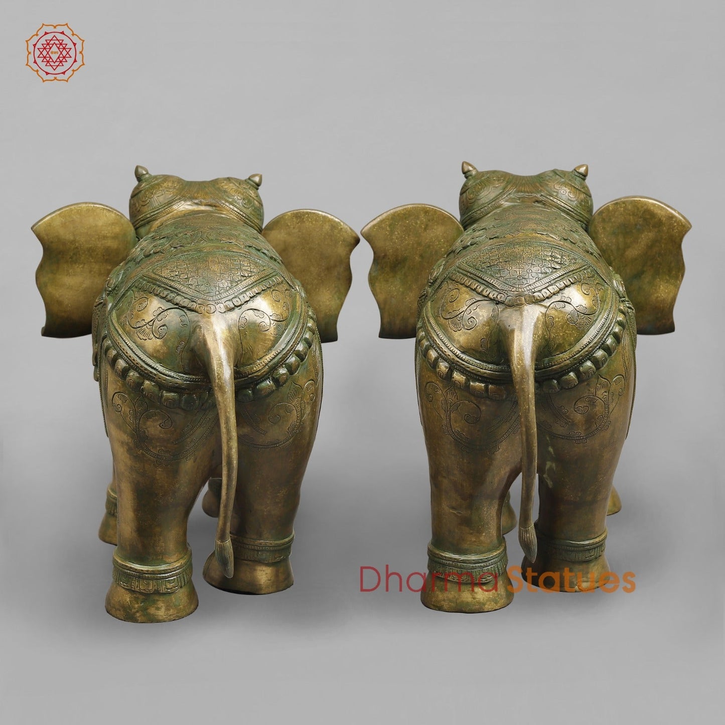Brass South Indian Elephants Holding Lotus fine, Patina Finish 26”