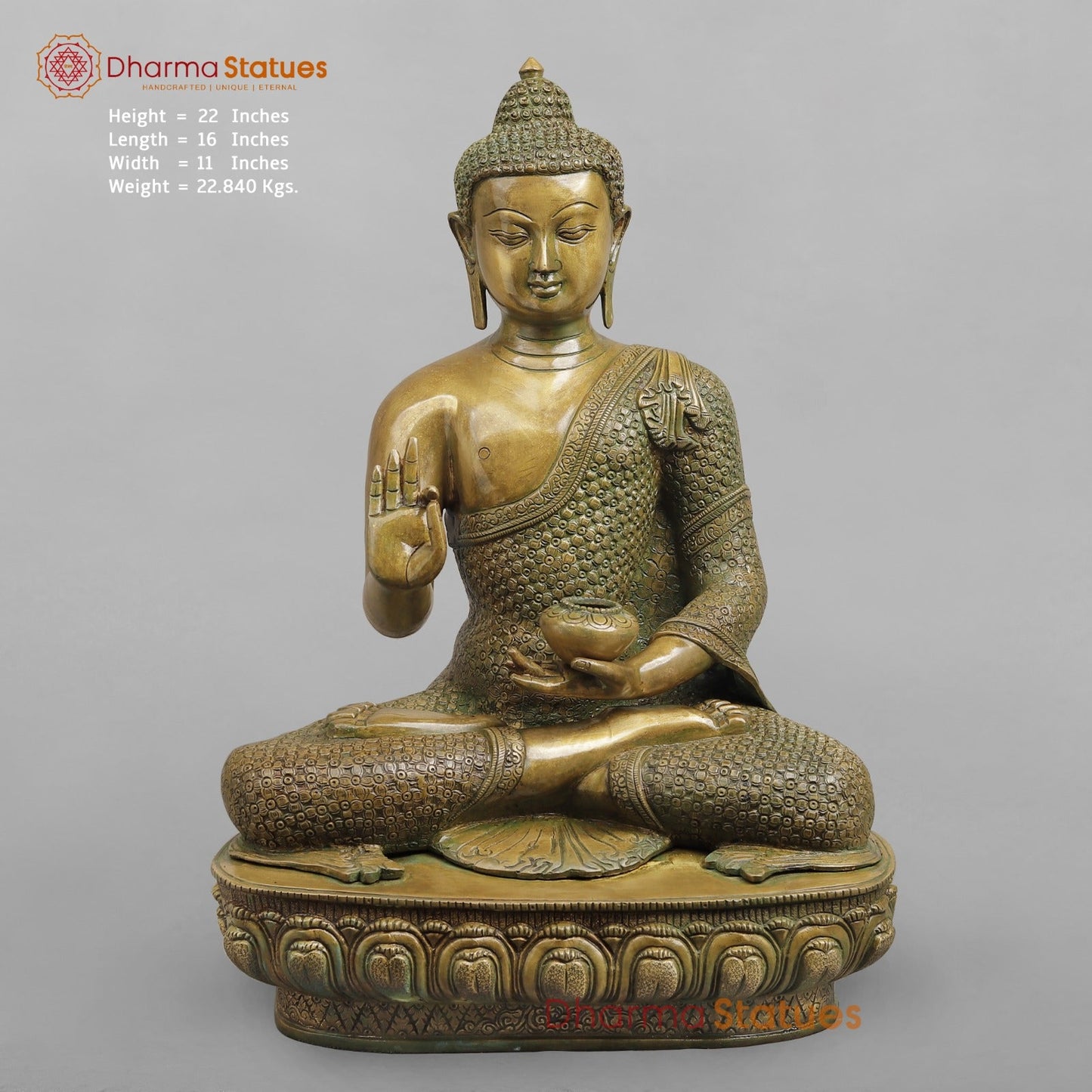 Brass Buddha seated Blessing Posture, Antique Patina Finish 22”