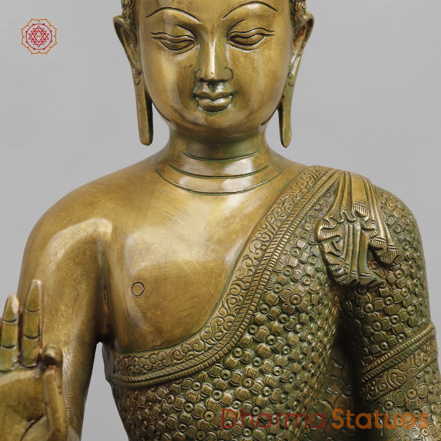 Brass Buddha seated Blessing Posture, Antique Patina Finish 22”