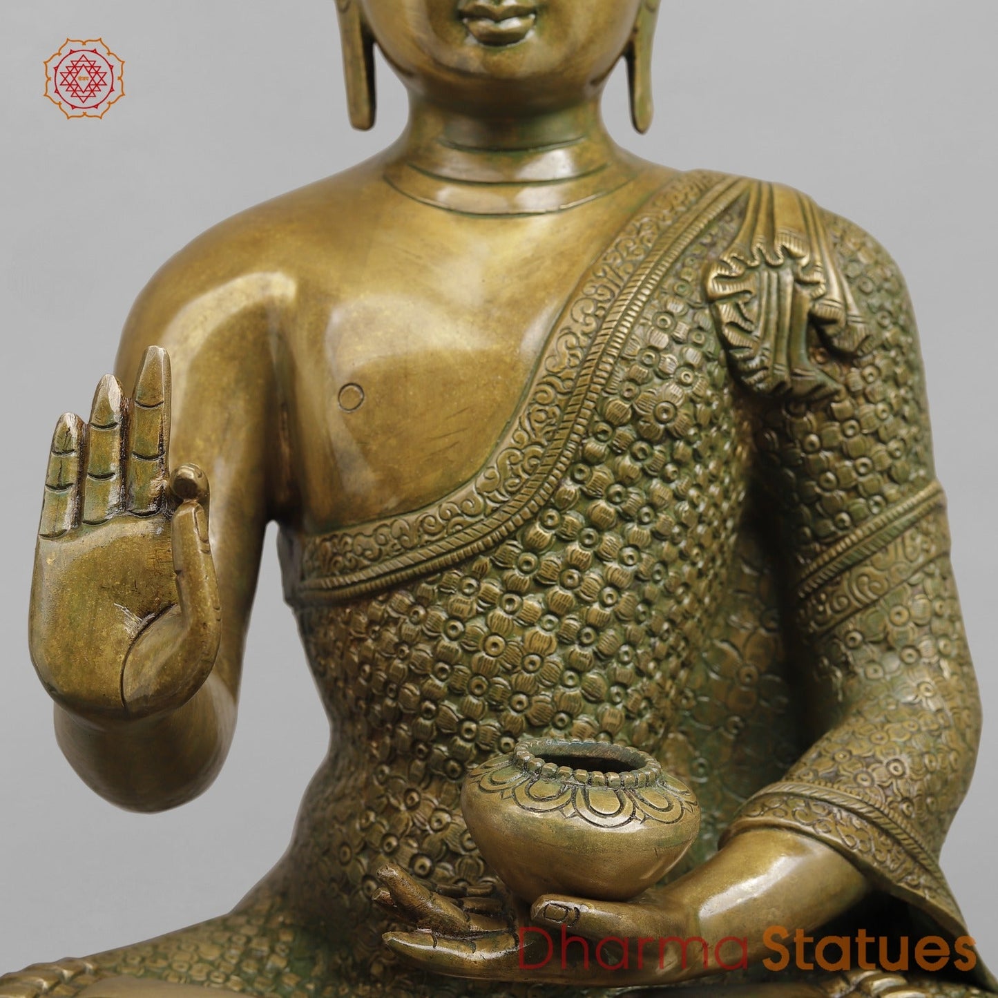 Brass Buddha seated Blessing Posture, Antique Patina Finish 22”