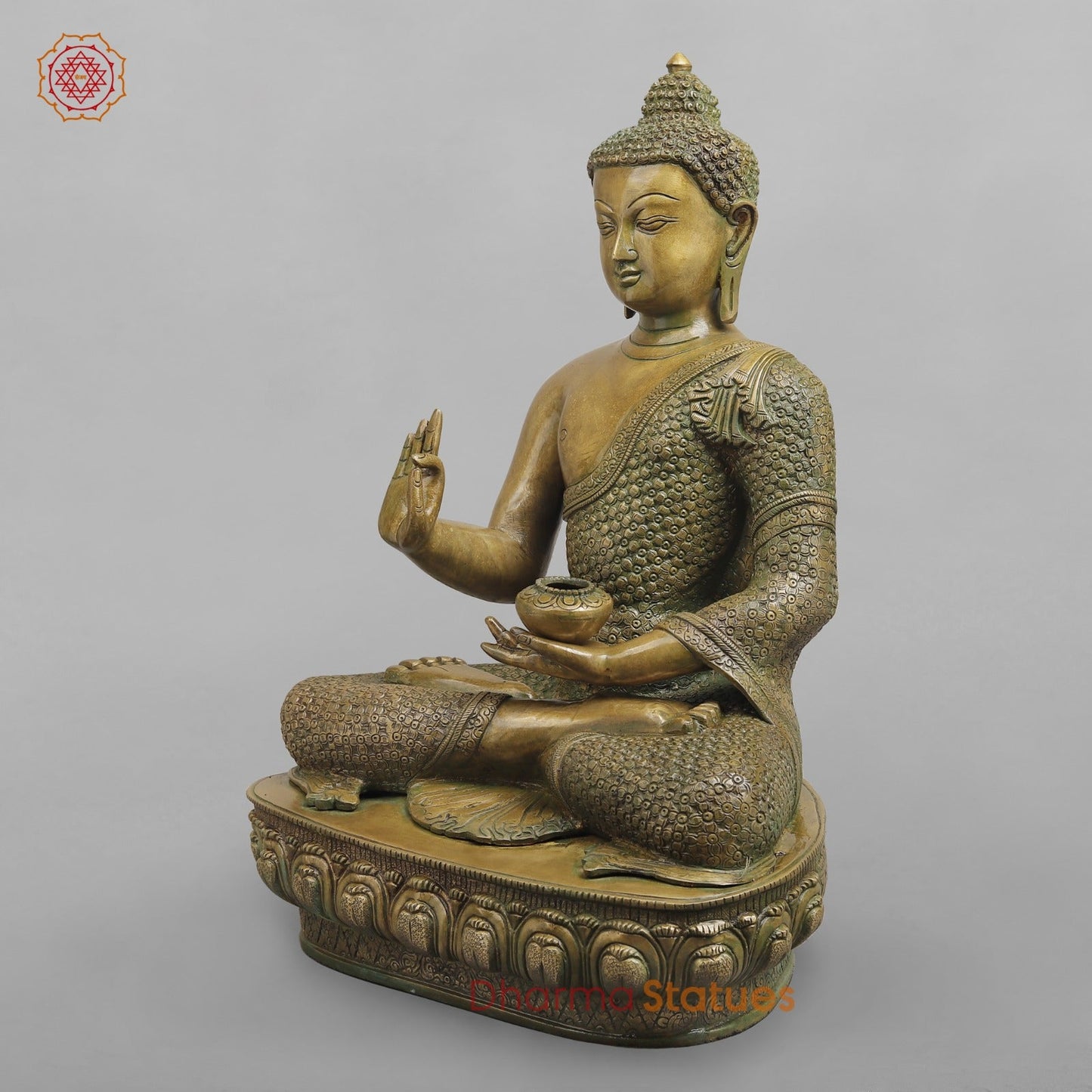 Brass Buddha seated Blessing Posture, Antique Patina Finish 22”