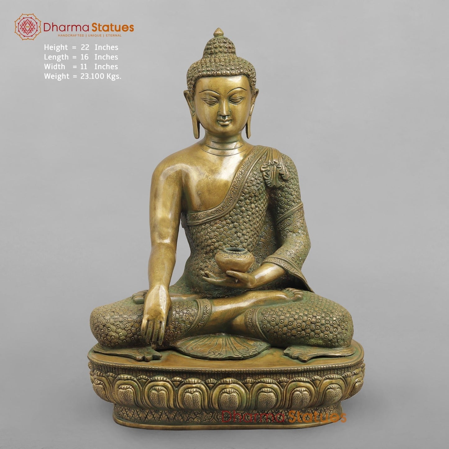 Brass Buddha Seated sakyamuni (Bhumi spasht), Antique Patina Finish 22”