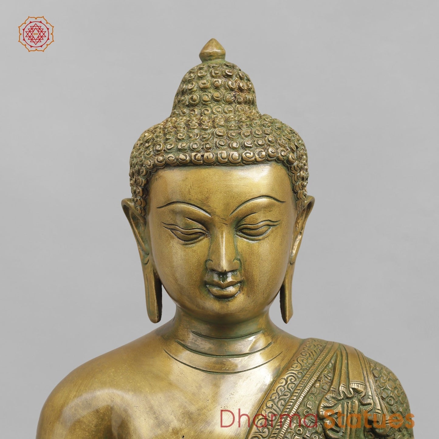 Brass Buddha Seated sakyamuni (Bhumi spasht), Antique Patina Finish 22”