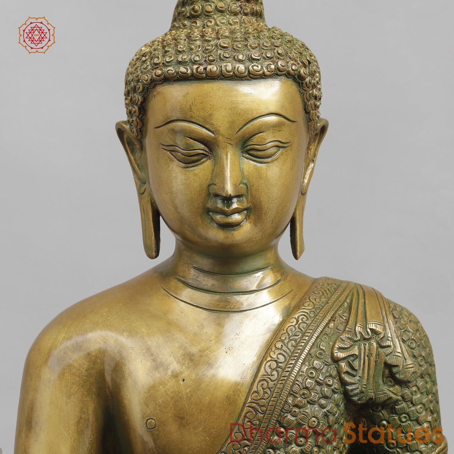 Brass Buddha Seated sakyamuni (Bhumi spasht), Antique Patina Finish 22”