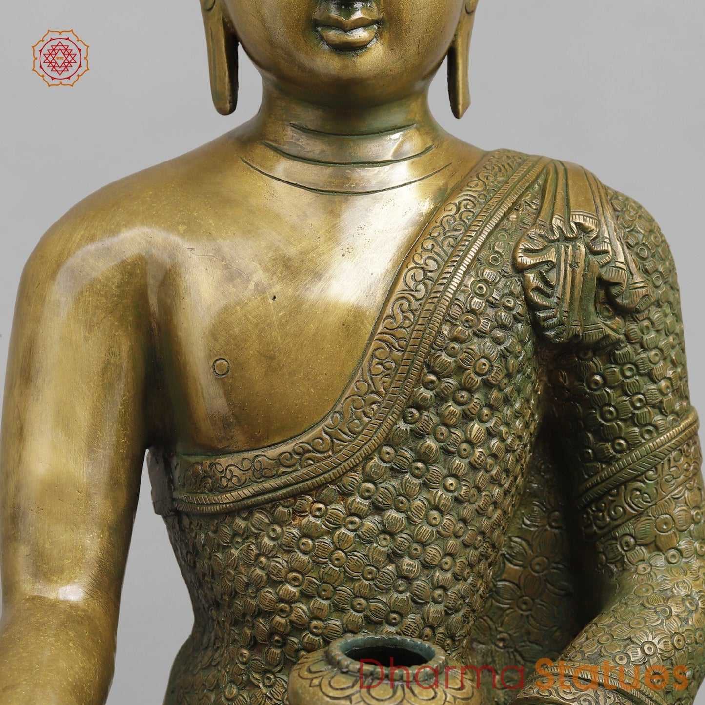 Brass Buddha Seated sakyamuni (Bhumi spasht), Antique Patina Finish 22”
