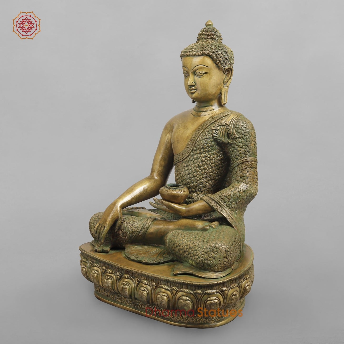 Brass Buddha Seated sakyamuni (Bhumi spasht), Antique Patina Finish 22”