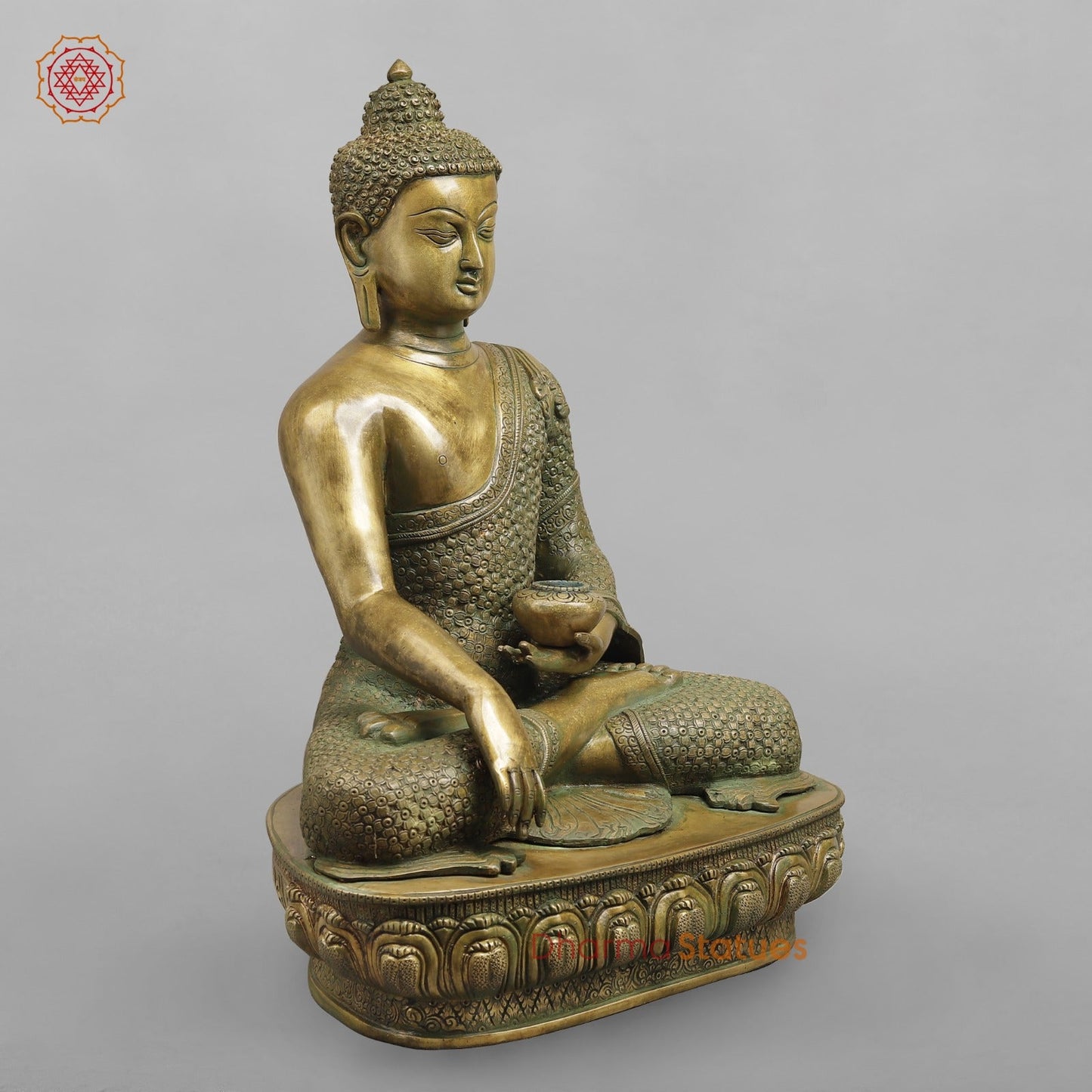 Brass Buddha Seated sakyamuni (Bhumi spasht), Antique Patina Finish 22”