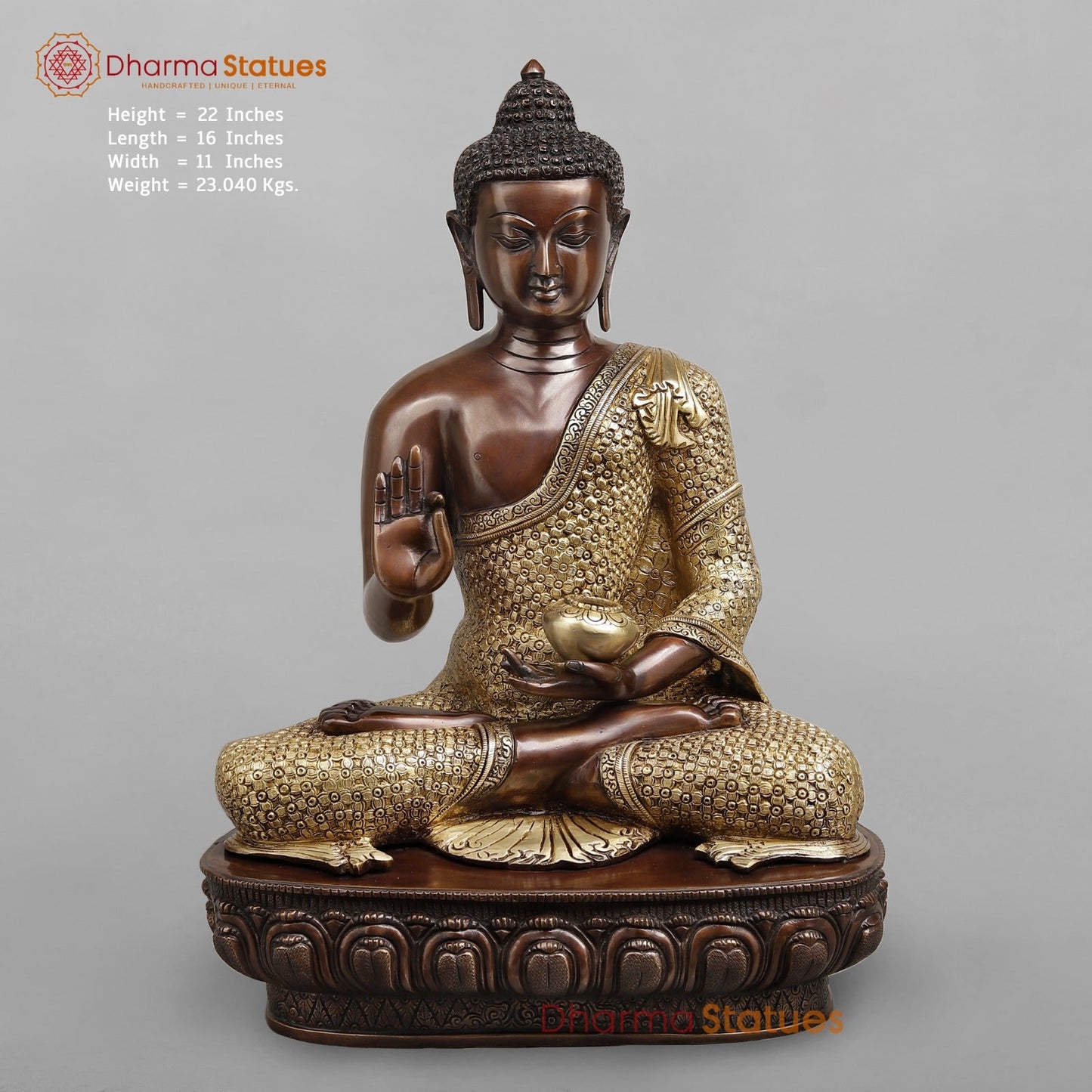 Brass Buddha Seated with Floral Carving Fine, Copper and Gold Finish 22"