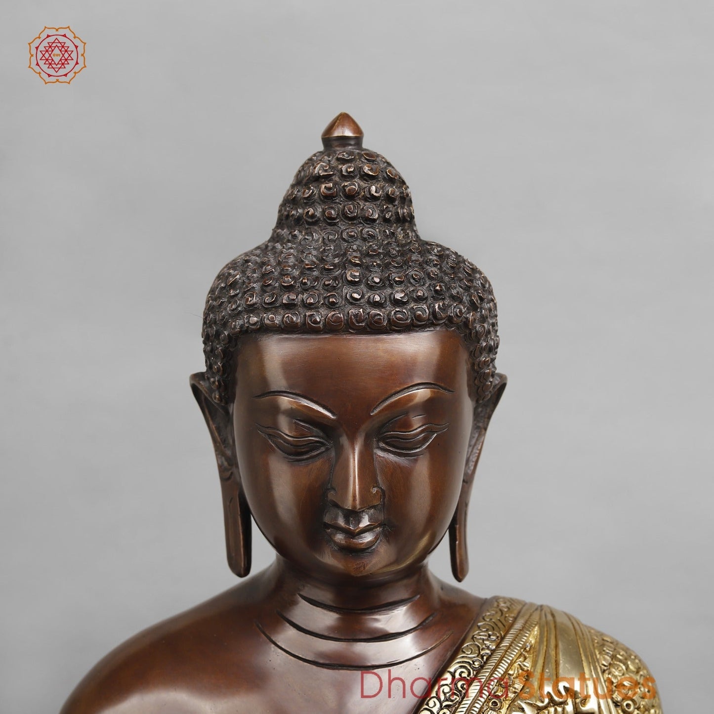Brass Buddha Seated with Floral Carving Fine, Copper and Gold Finish 22"