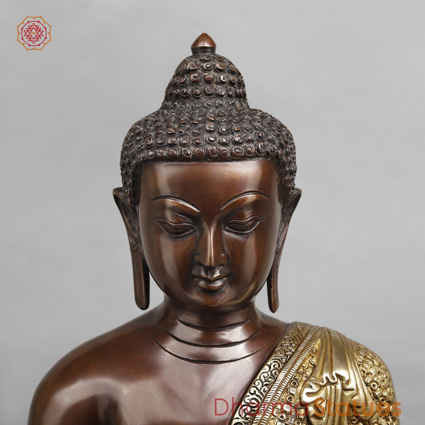 Brass Buddha Seated with Floral Carving Fine, Copper and Gold Finish 22"