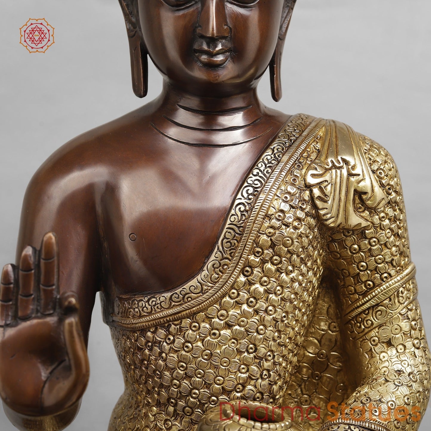 Brass Buddha Seated with Floral Carving Fine, Copper and Gold Finish 22"