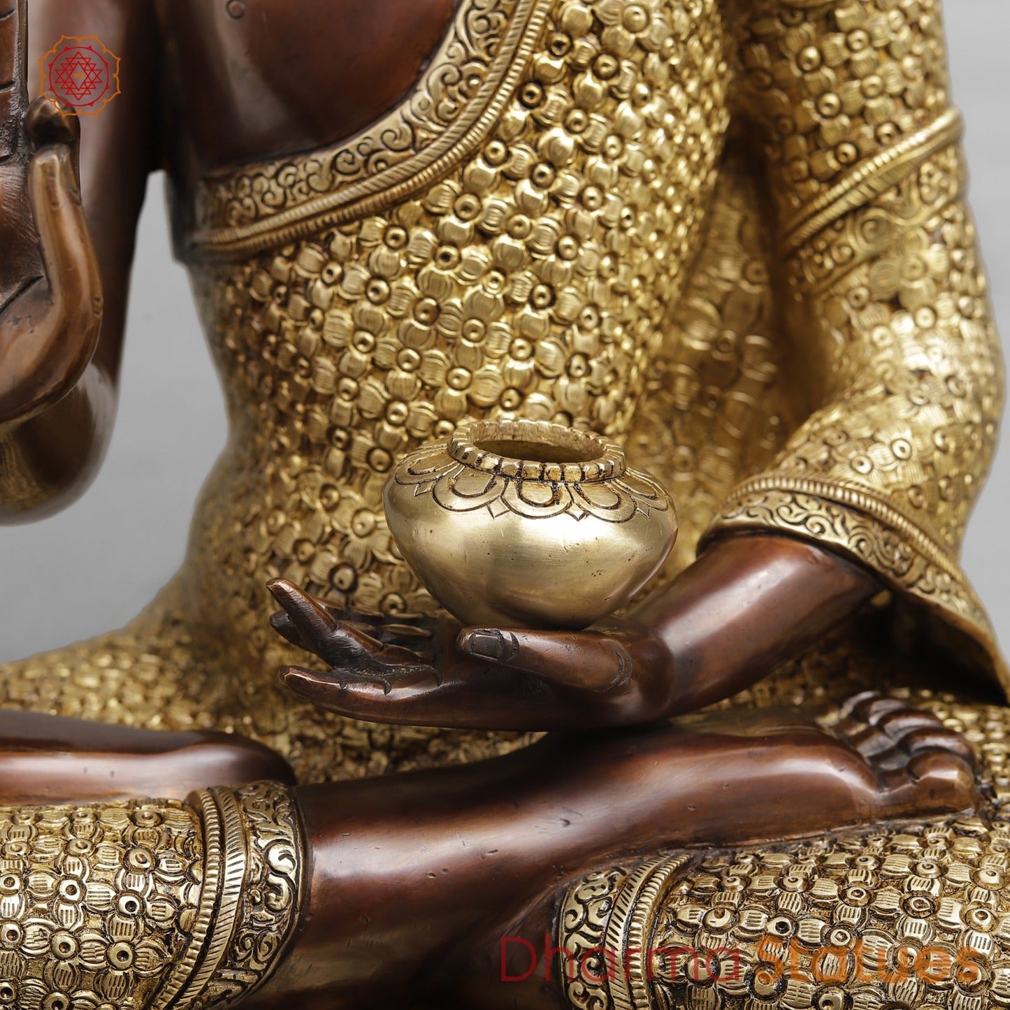 Brass Buddha Seated with Floral Carving Fine, Copper and Gold Finish 22"