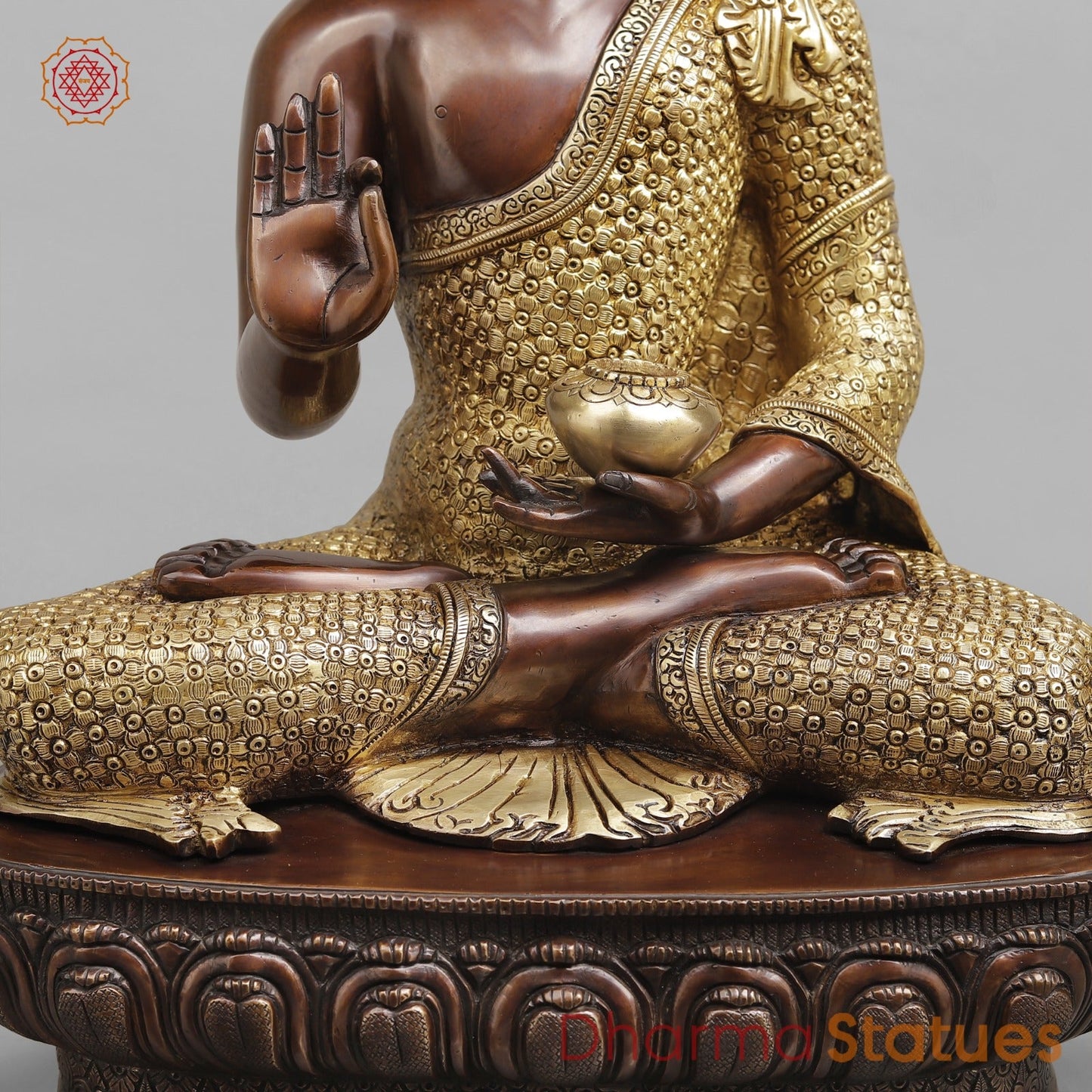 Brass Buddha Seated with Floral Carving Fine, Copper and Gold Finish 22"