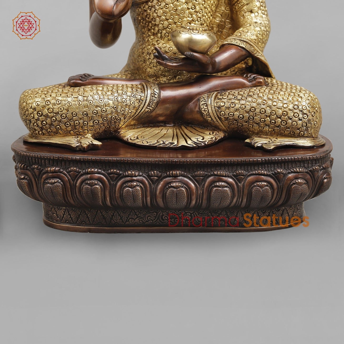 Brass Buddha Seated with Floral Carving Fine, Copper and Gold Finish 22"