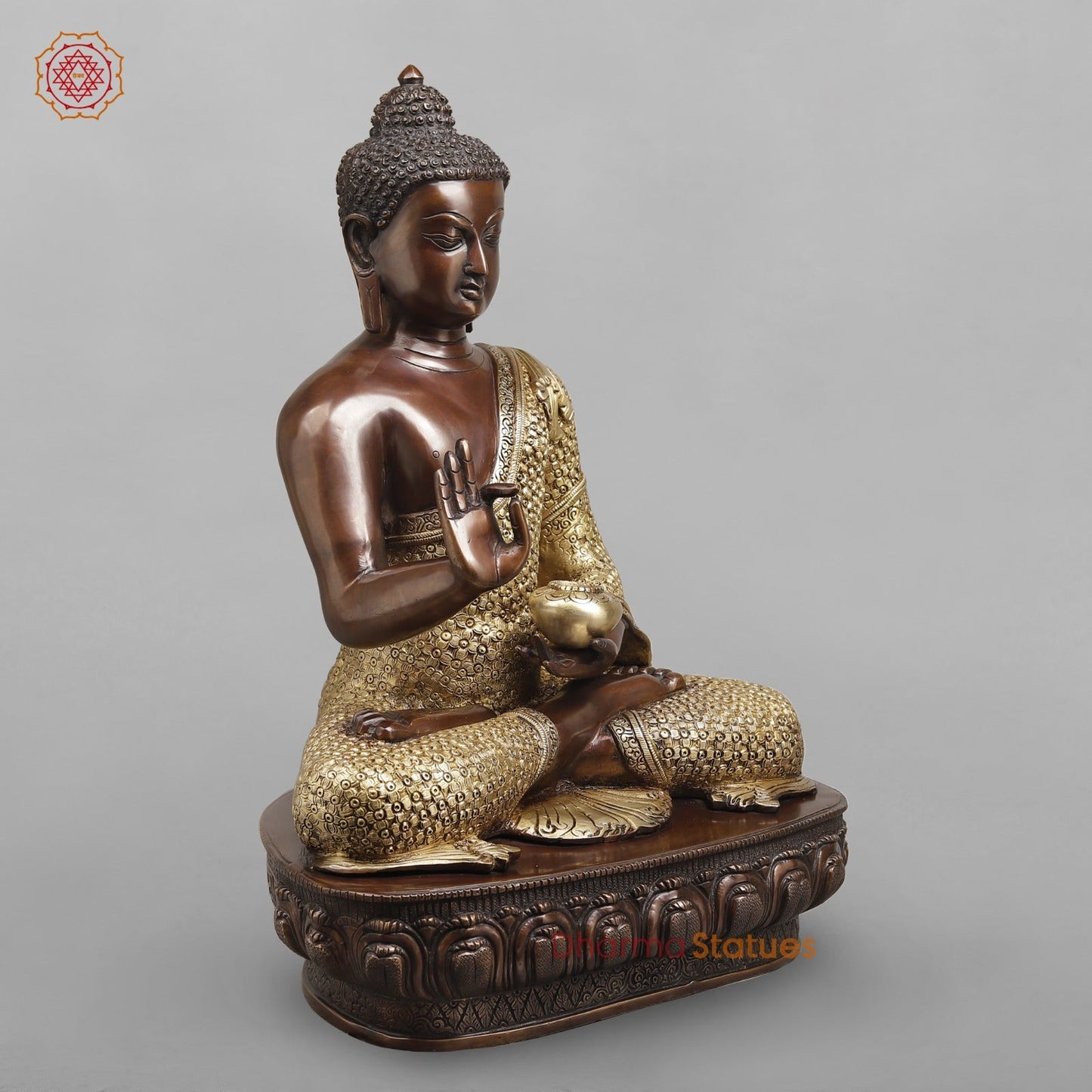 Brass Buddha Seated with Floral Carving Fine, Copper and Gold Finish 22"