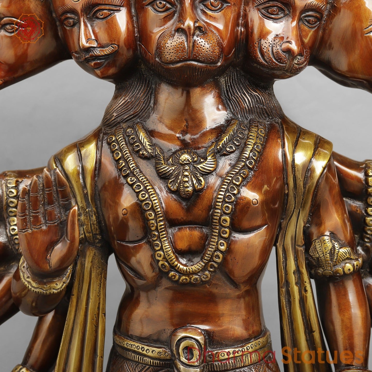 Brass Panchmukhi Hanuman Ji Standing Fine, Copper And Gold 30"