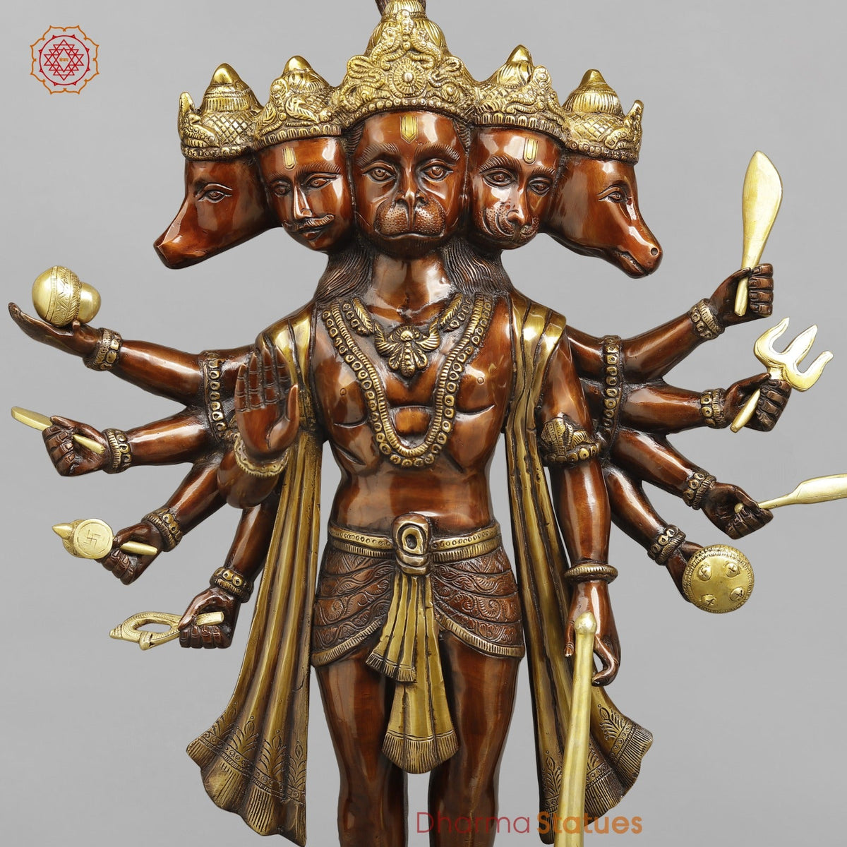 Brass Panchmukhi Hanuman Ji Standing Fine, Copper And Gold 30"