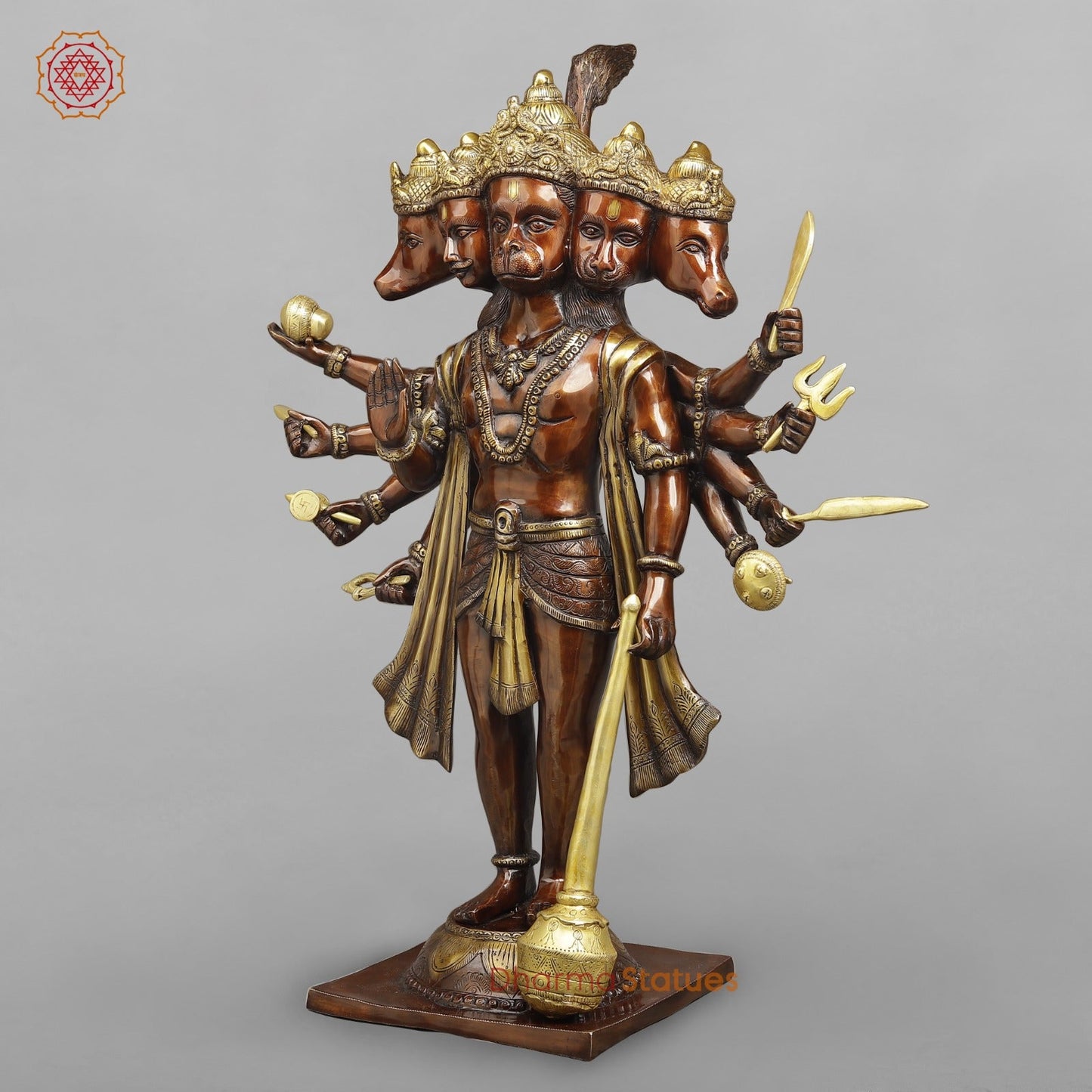 Brass Panchmukhi Hanuman Ji Standing Fine, Copper And Gold 30"