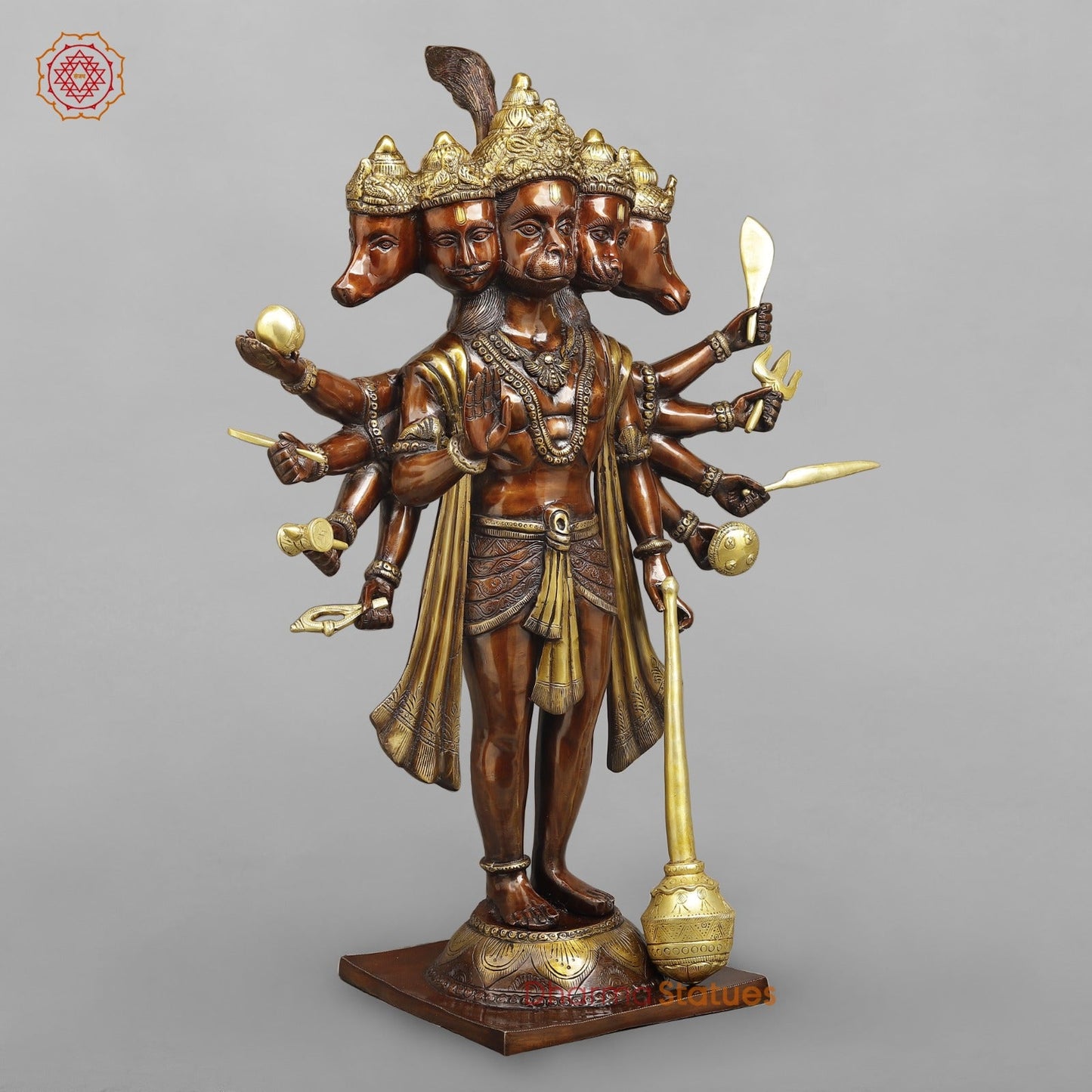 Brass Panchmukhi Hanuman Ji Standing Fine, Copper And Gold 30"