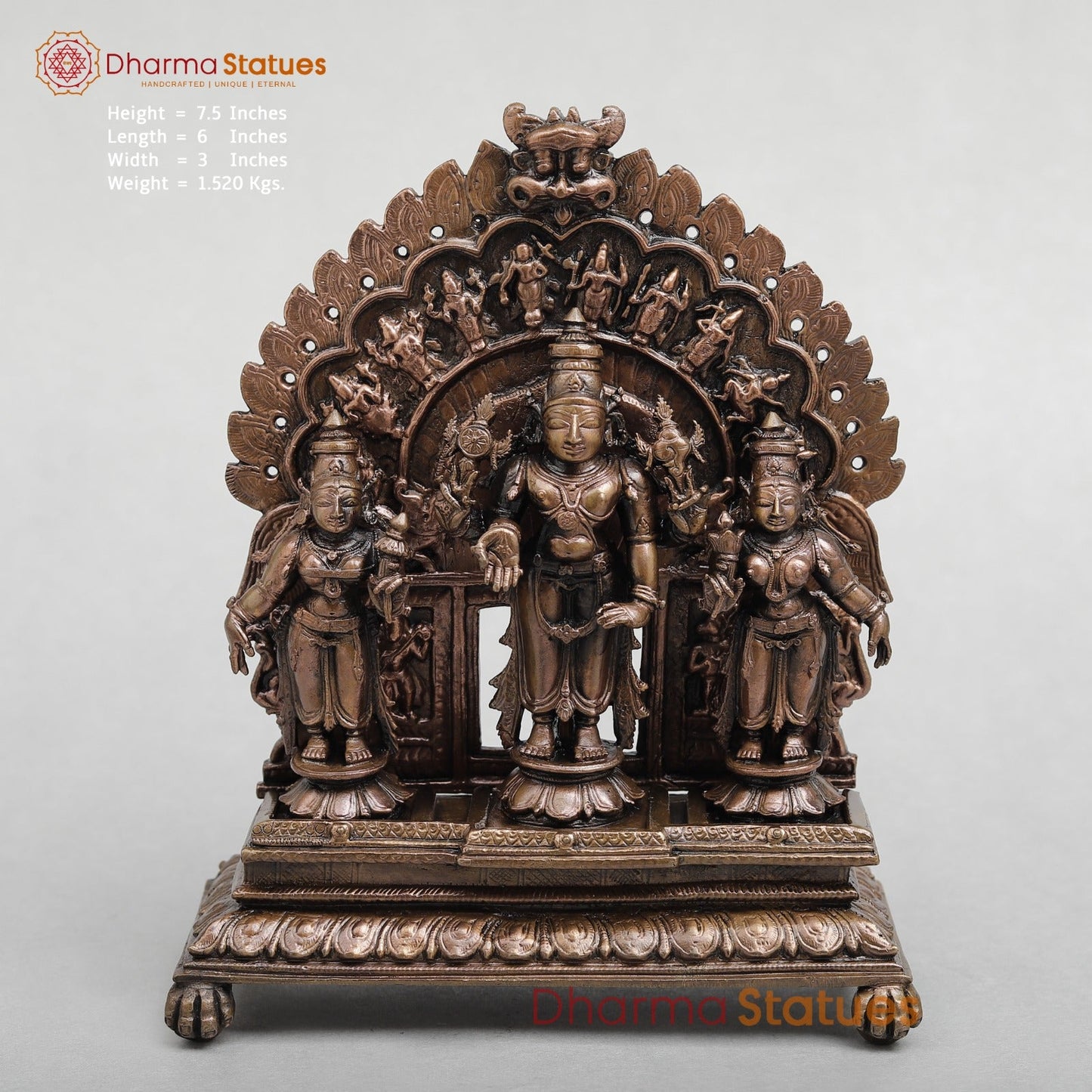 Copper Vishnu, Sridevi, Bhudevi With Arch Fine 7.5"