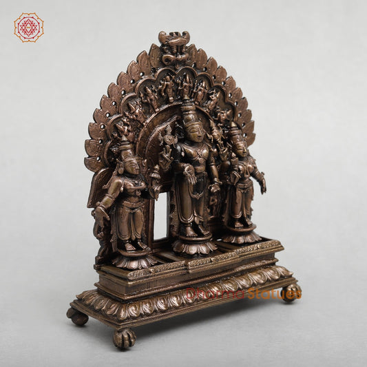 Copper Vishnu, Sridevi, Bhudevi With Arch Fine 7.5"