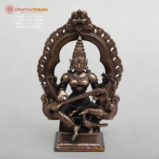 Copper Saraswati Seated With Arch 5.5”