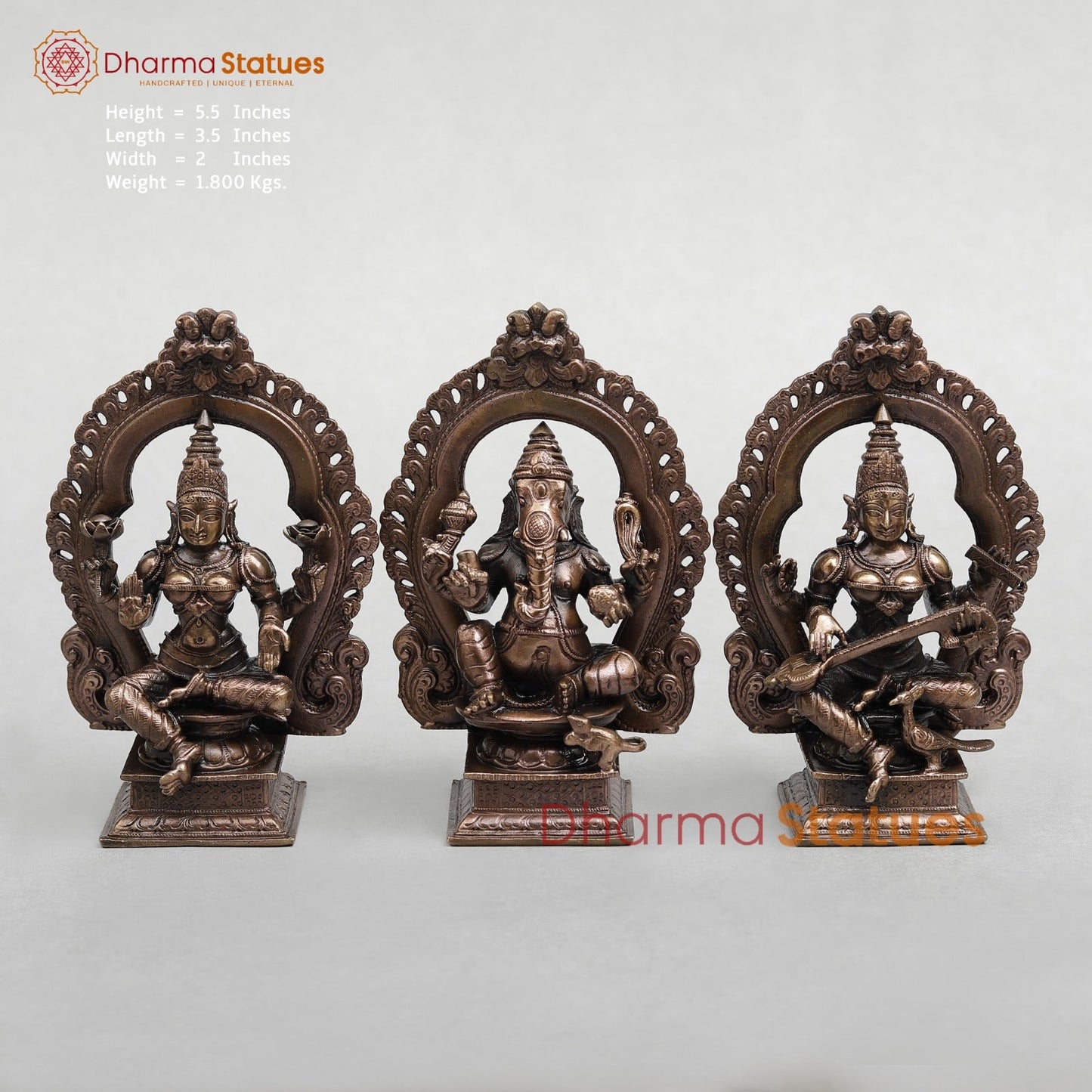 Copper Ganesh Lakshmi Saraswati with Arch Seated fine 5.5"