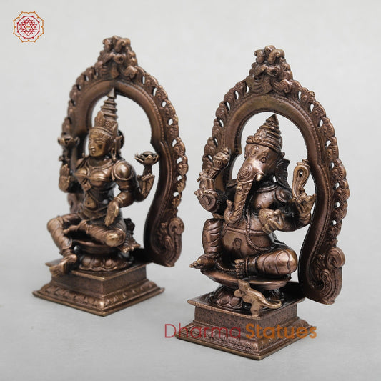 Copper Ganesh Lakshmi with Arch Seated fine 5.5"