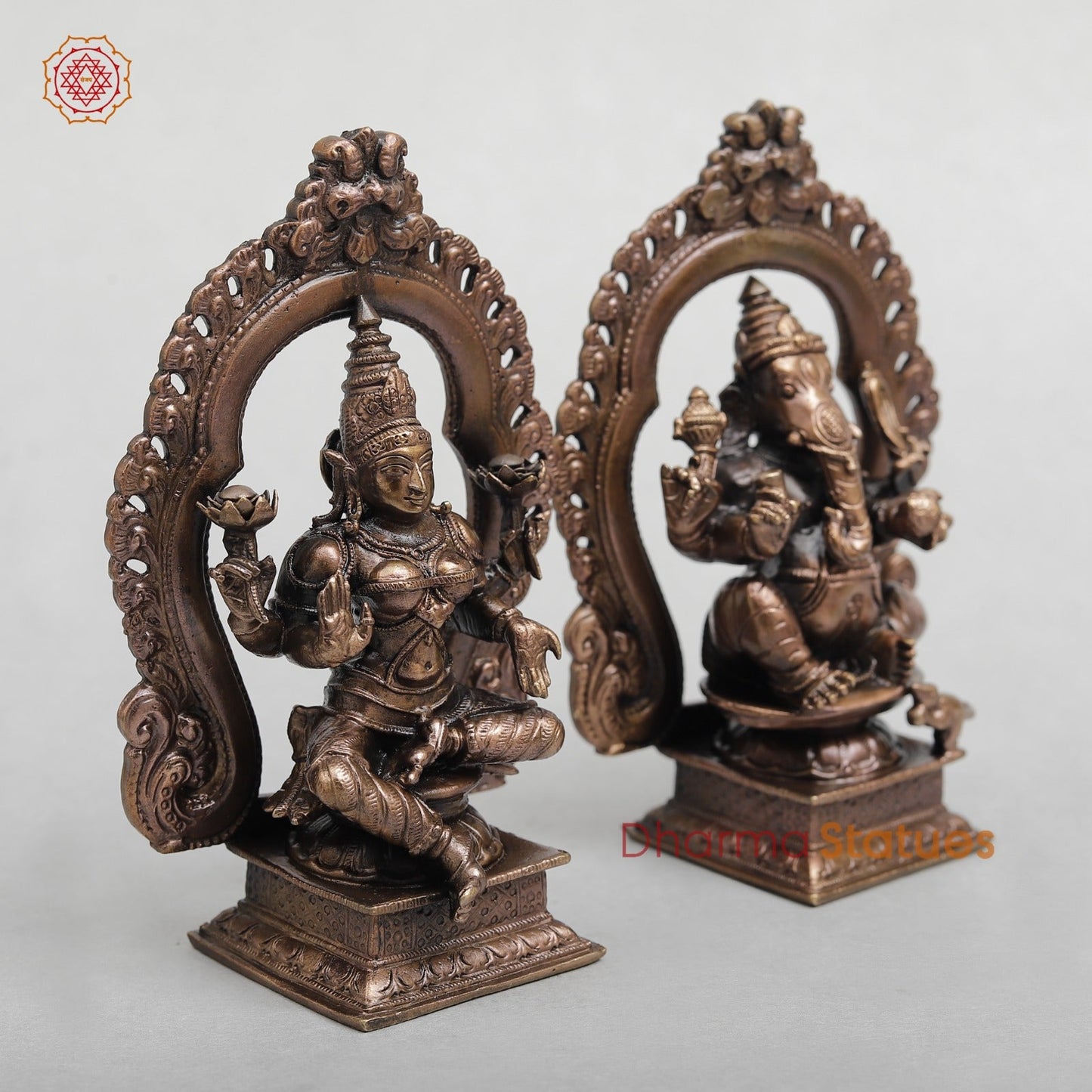 Copper Ganesh Lakshmi with Arch Seated fine 5.5"