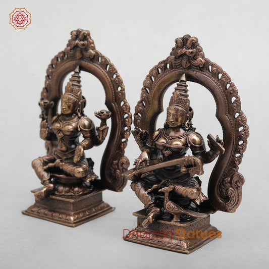 Copper Lakshmi Saraswati with Arch Seated fine 5.5"