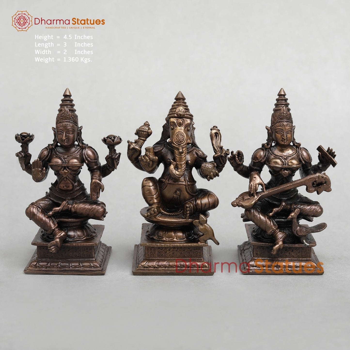 Copper Lakshmi Ganesh Saraswati set seated 4.5”