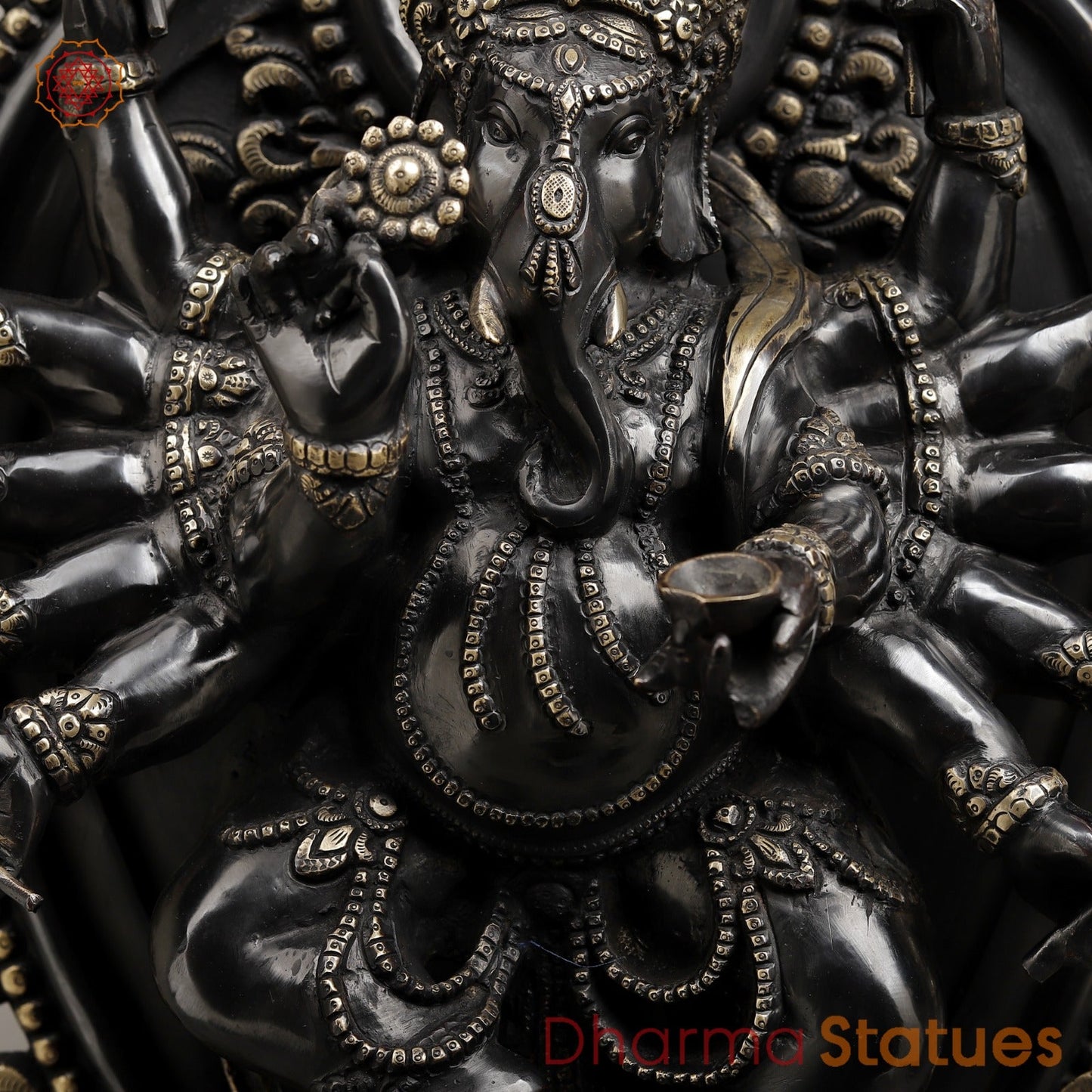 Brass Ganesh dancing With Many Hands on Rat Fine, Royal black Finish 31”