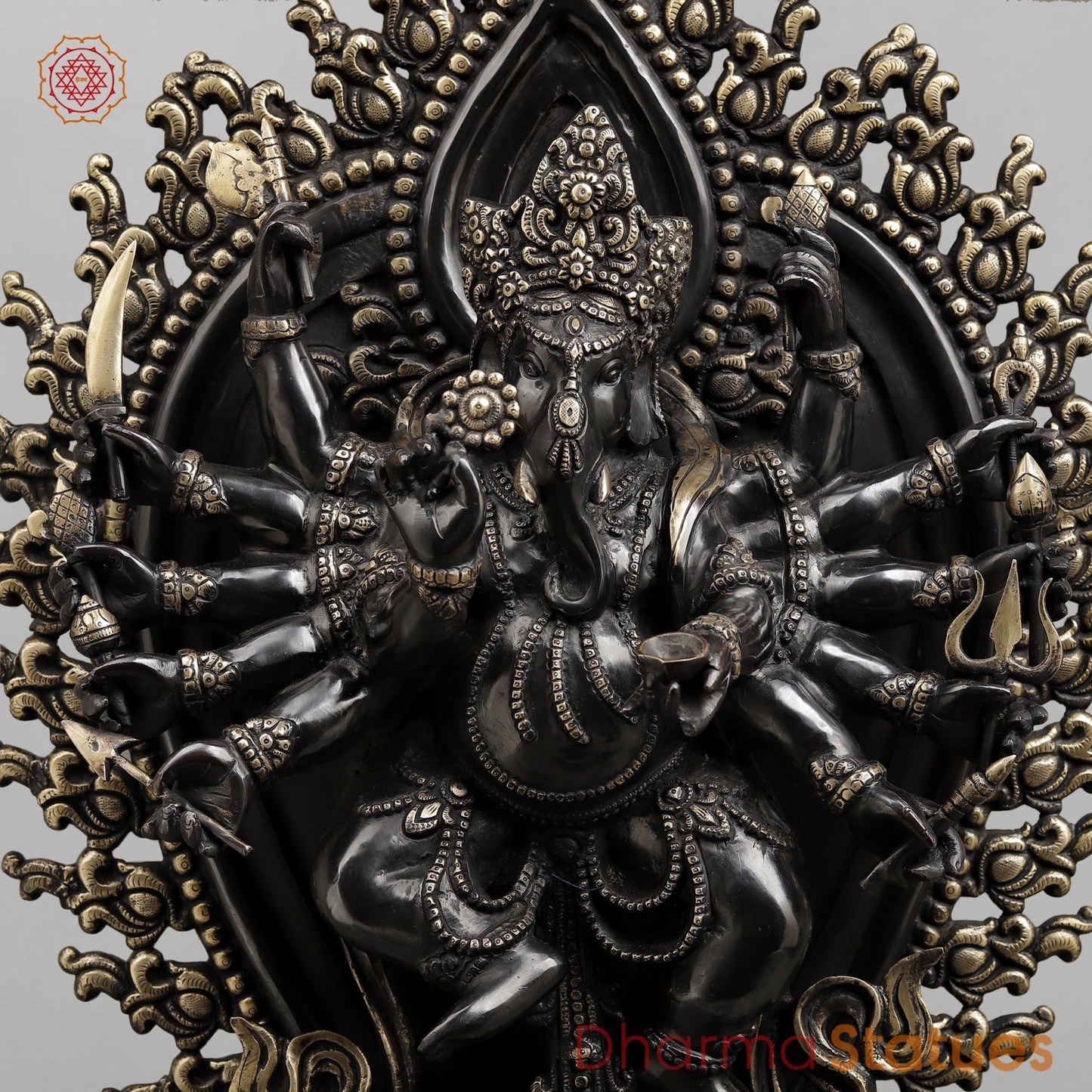 Brass Ganesh dancing With Many Hands on Rat Fine, Royal black Finish 31”