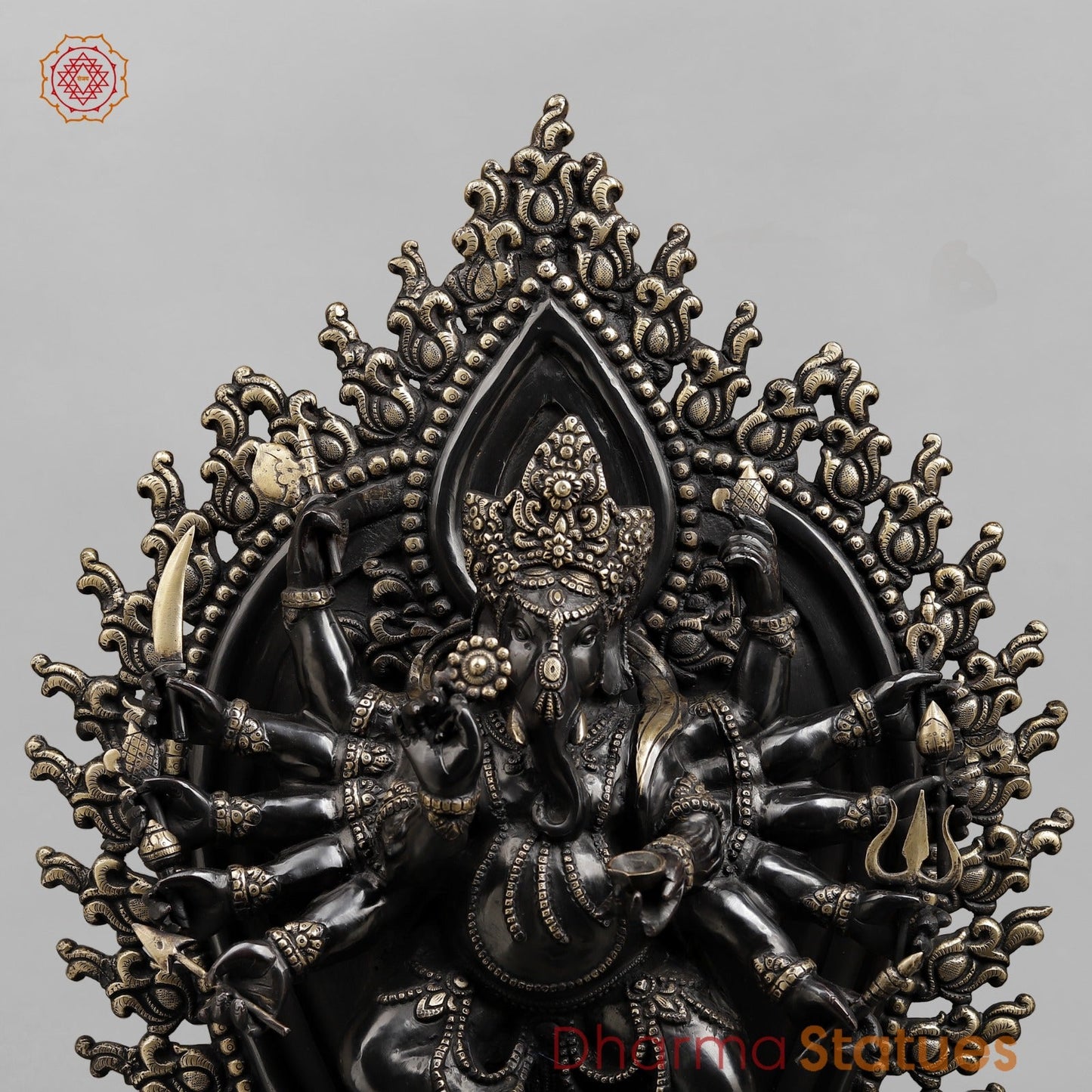 Brass Ganesh dancing With Many Hands on Rat Fine, Royal black Finish 31”