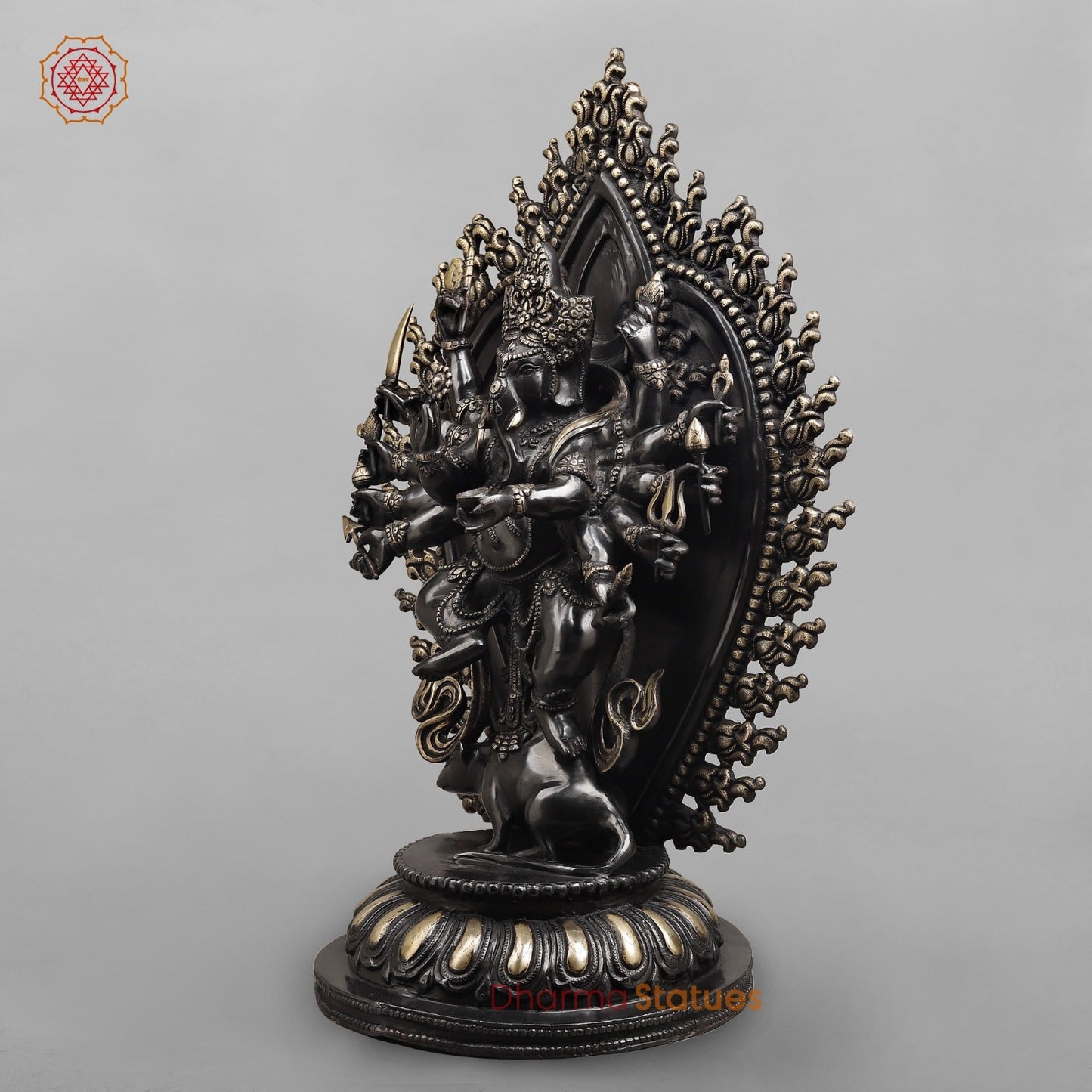 Brass Ganesh dancing With Many Hands on Rat Fine, Royal black Finish 31”