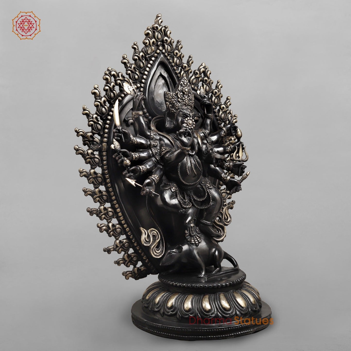 Brass Ganesh dancing With Many Hands on Rat Fine, Royal black Finish 31”