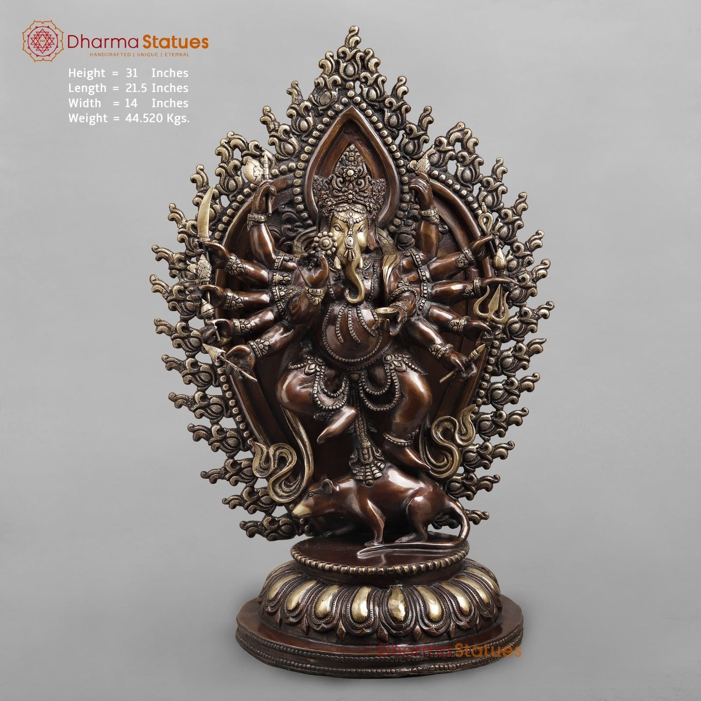 Brass Ganesh dancing With Many Hands on Rat Fine, Copper & Smooth Finish 31”