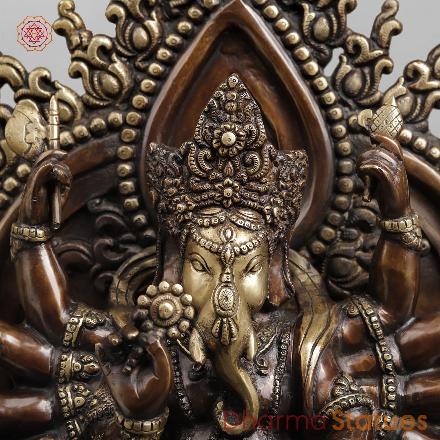 Brass Ganesh dancing With Many Hands on Rat Fine, Copper & Smooth Finish 31”