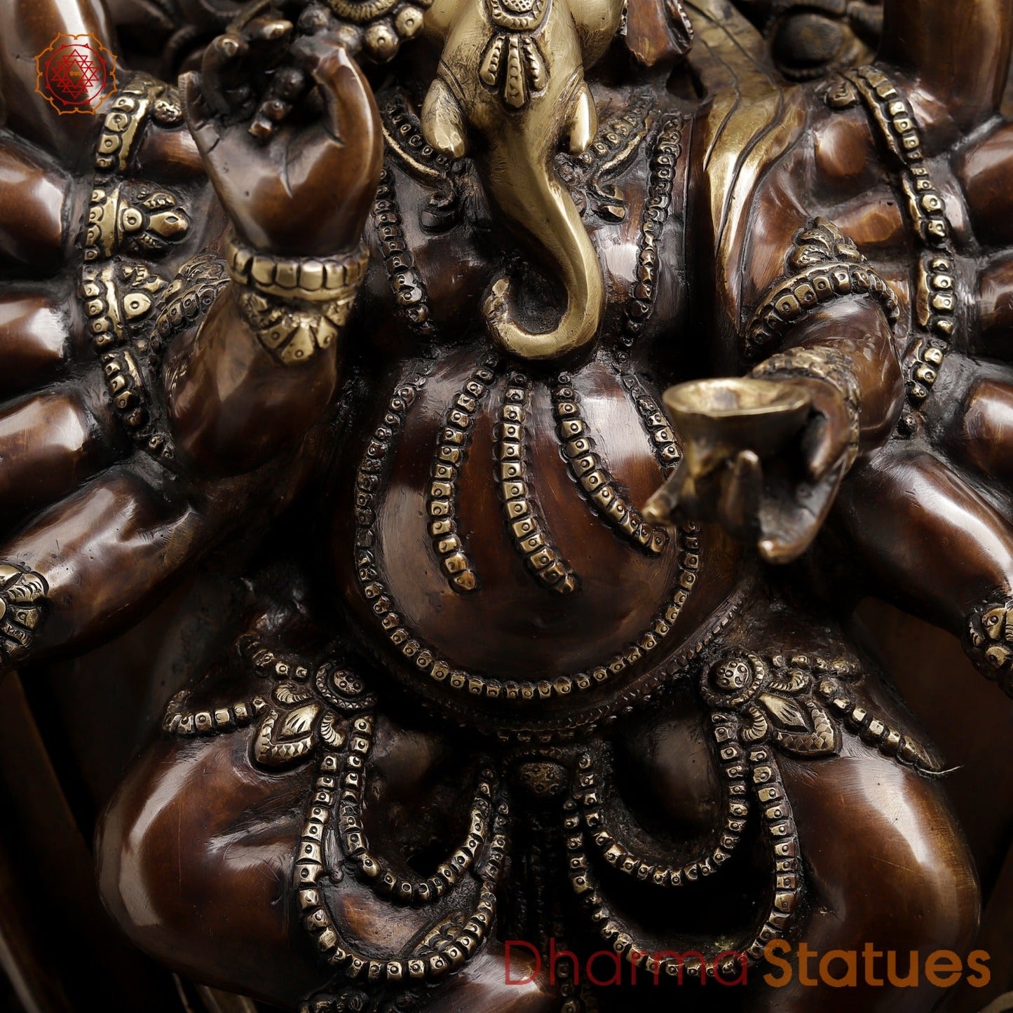Brass Ganesh dancing With Many Hands on Rat Fine, Copper & Smooth Finish 31”