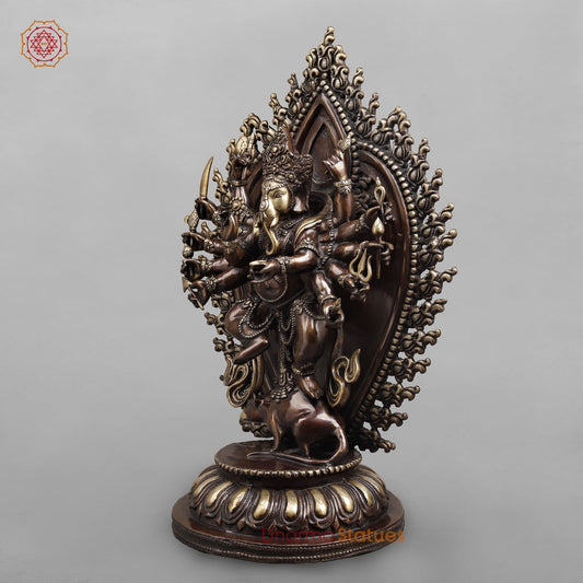 Brass Ganesh dancing With Many Hands on Rat Fine, Copper & Smooth Finish 31”