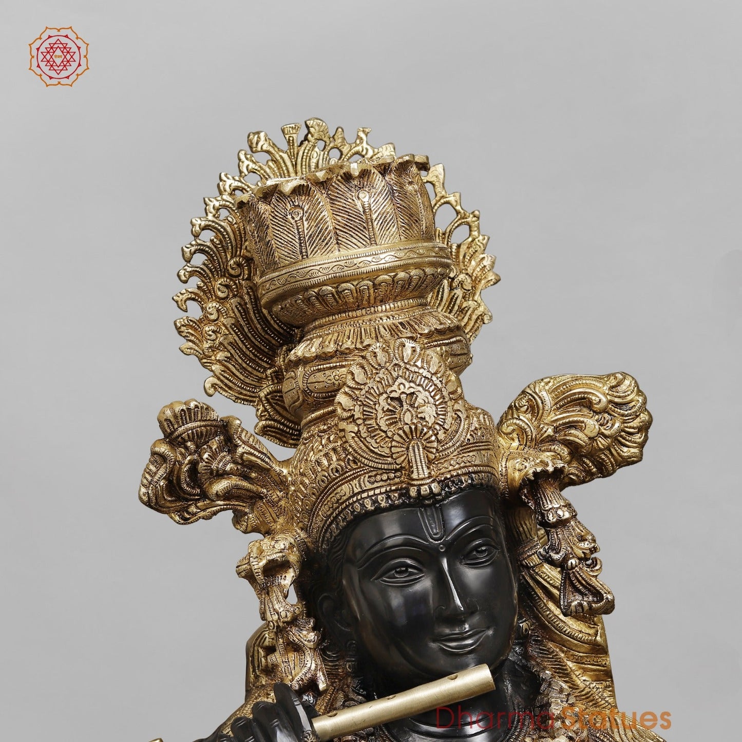 Brass Krishna Standing With Garland Fine, Royal Black And Gold Finish 46”