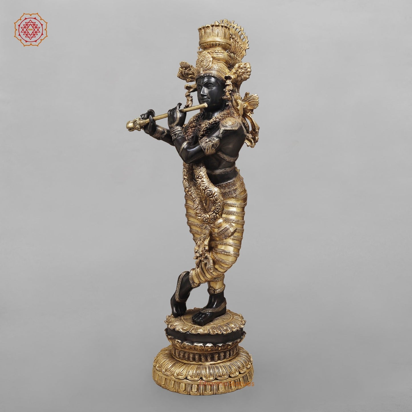 Brass Krishna Standing With Garland Fine, Royal Black And Gold Finish 46”