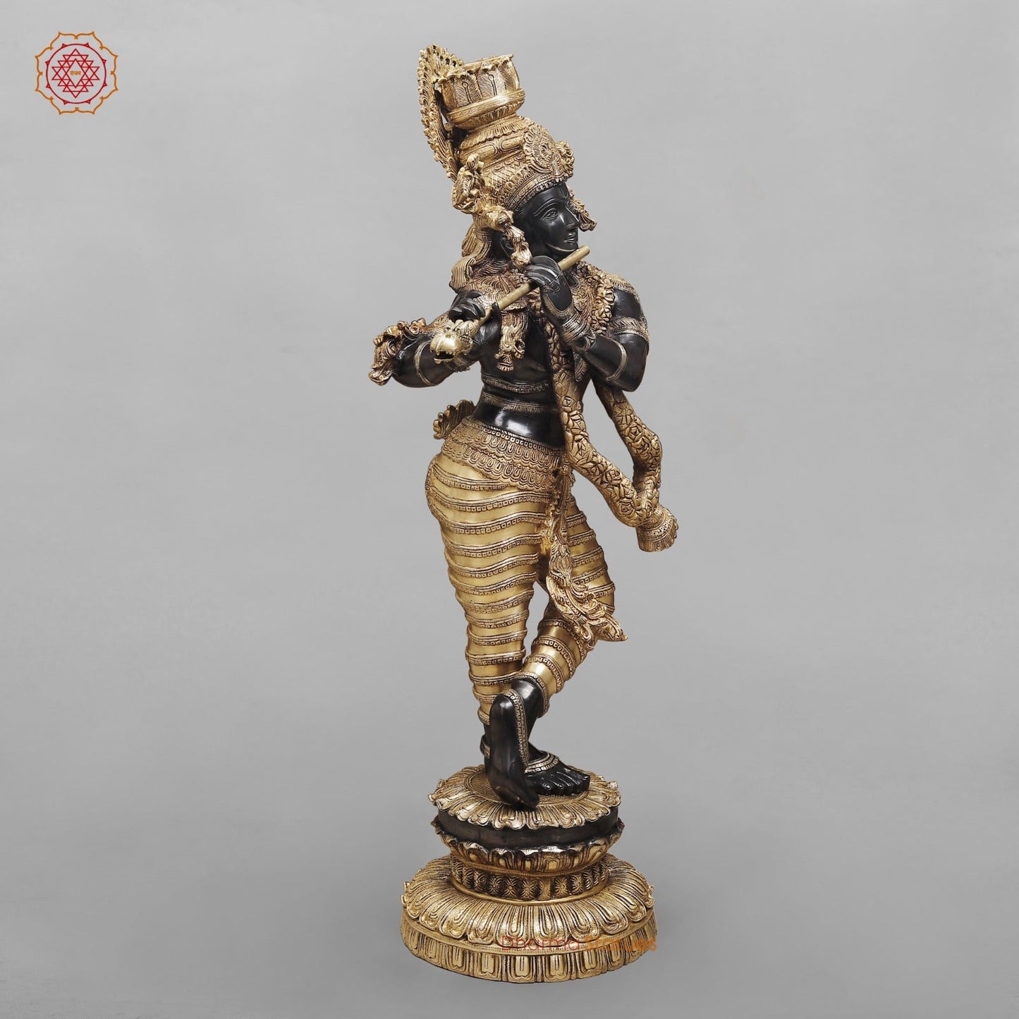 Brass Krishna Standing With Garland Fine, Royal Black And Gold Finish 46”